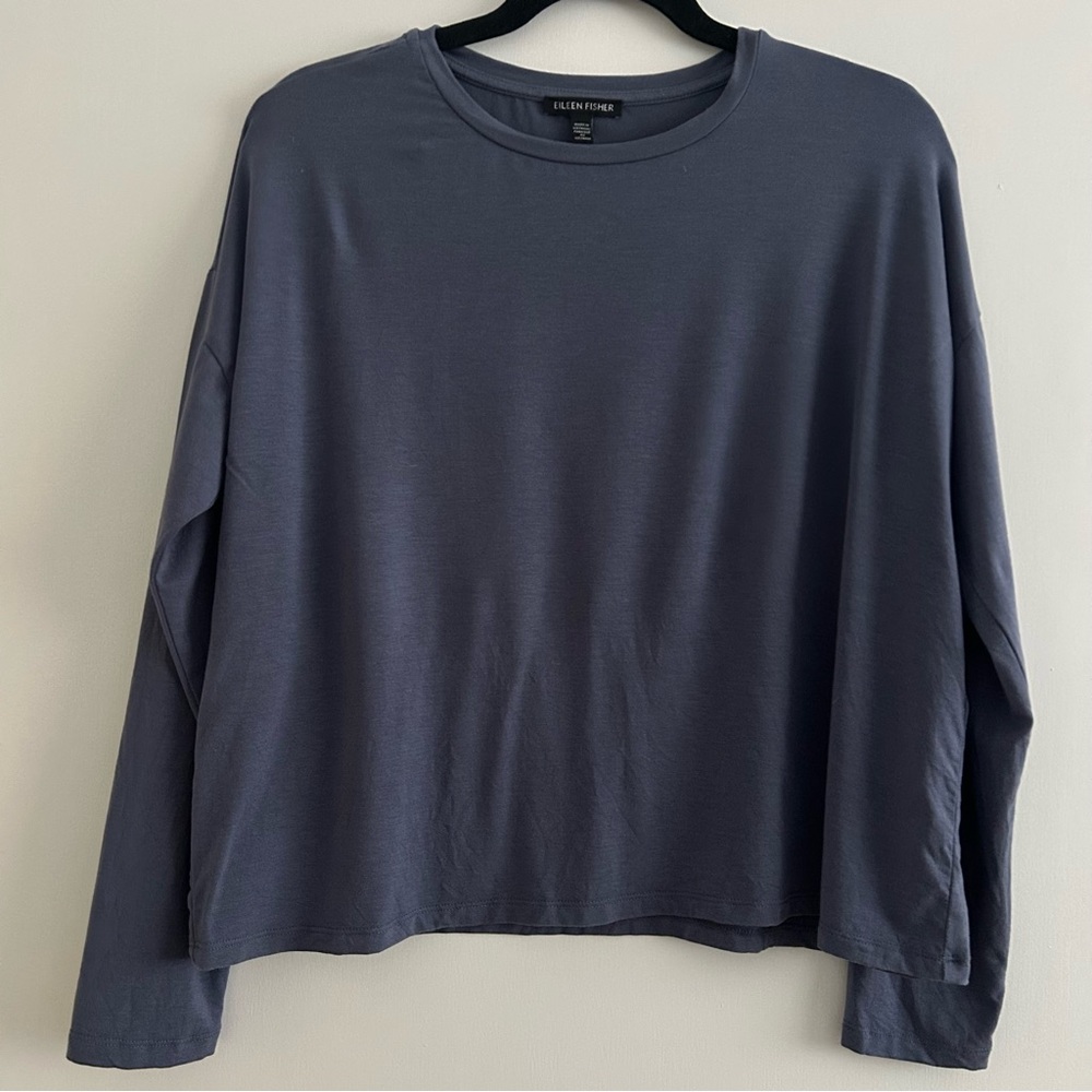 Eileen fisher women’s boxy TENCEL Lyocell crew neck long sleeve top- blue- small